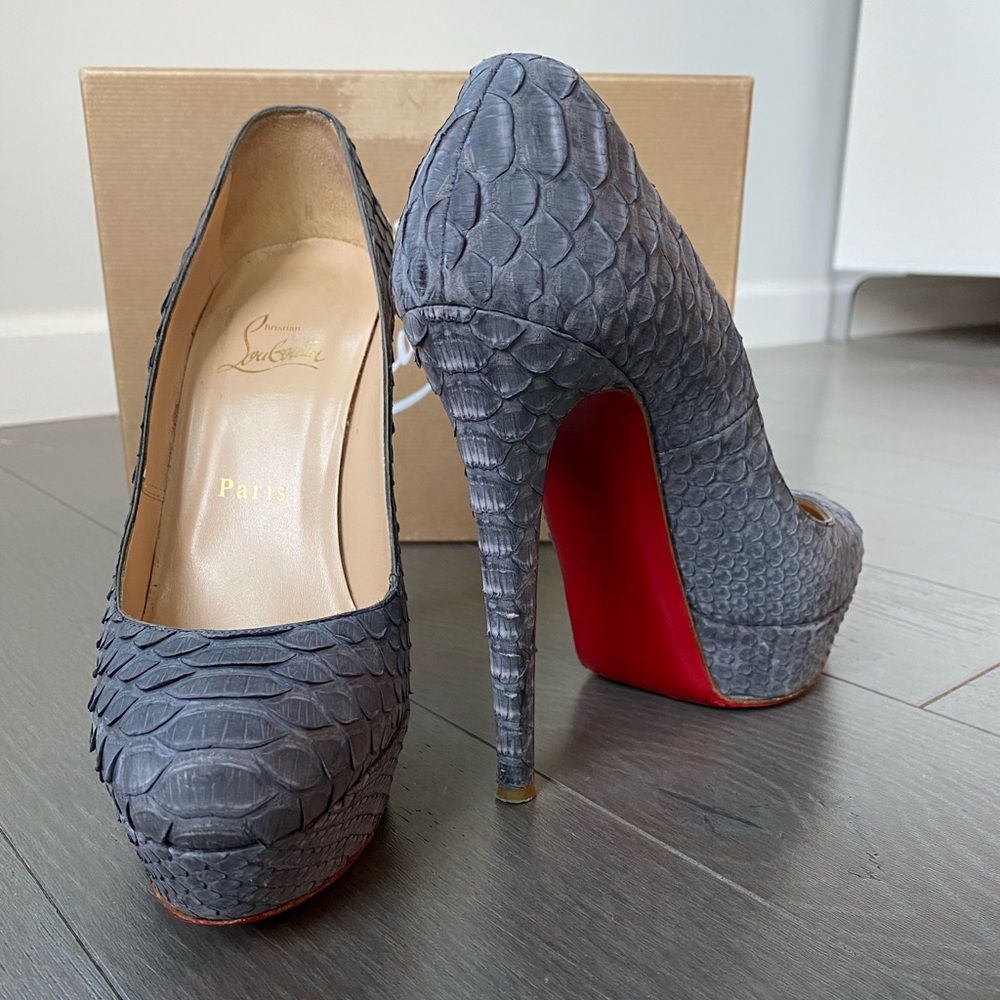 Christian Louboutin gray python bianca stilettos